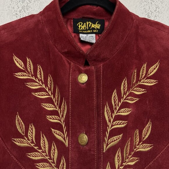 Bob Mackie Wearable Art Jacket Medium Red Suede Gold Embroidered Western Boho - Picture 4 of 16